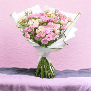 Fresh Garden Blooms, Mixed Spray Rose Pink, White Wrapping, Pink Ribbon,Buy Fresh Garden Blooms Online